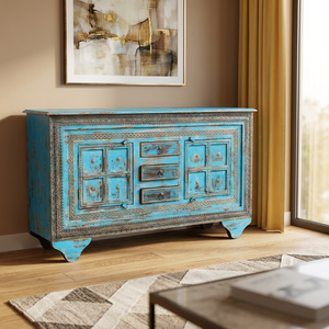 Vintage Mango Wood Distressed Blue <b>Sideboard</b> on Wheel with Brass Fitted Handcrafted For Interior Living Room Hotel Farmhouse - Product Image 5
