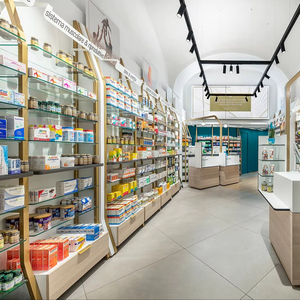 Muebles Modernos para Tiendas Médicas, Decoración Personalizable, Accesorios para Exhibición en Tiendas y Salas de Exhibición, Acabado en Acrílico, Vidrio, Madera y Barniz, Pantalla LED - Product Image 1