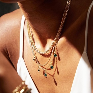 Fashionable Stainless Steel Green Rhinestone <b>Necklace</b> 18K <b>Gold</b>-plated Multi-layer Layered <b>Necklace</b> with <b>Simple</b> Collarbone Chain - Product Image 3