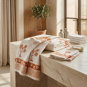 Ensemble de serviettes de bain en coton gaufré Jaipuri, imprimées à la main, séchage rapide, douces, écologiques, pour le bain et les voyages - Product Image 1