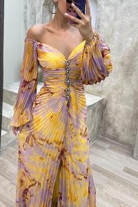 Hot Sell OEM <b>Women</b> <b>Sexy</b> Strapless Party Pleated Long Sleeve <b>Dress</b> Loose Casual Floral Printed Split <b>Women</b> Maxi <b>Dresses</b> - Product Image 3