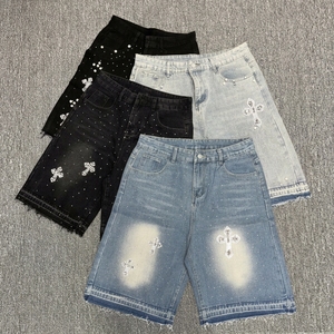 Men's Rhinestone Embroidery Denim Shorts Mid Waist Straight Y2K Casual Streetwear Custom Pattern Woven Summer <b>Jeans</b> - Product Image 2
