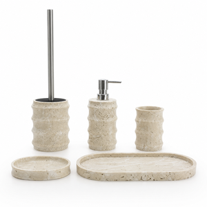 Ensemble de salle de bain en résine sable ondulée sculpturale et organique, accessoires à texture de pierre mouchetée pour salle de bain - Product Image 1