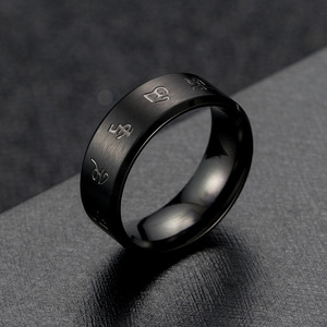 Chinese Style Unisex Black Plated Titanium Steel <b>Ring</b> With Tibetan Script Design For Men Women Gift Jewelry - Product Image 2
