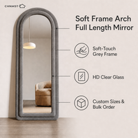 Miroir sur pied arqué en velours avec cadre en tissu flanelle, idéal pour chambre à coucher, dressing ou hôtel (vente en gros)