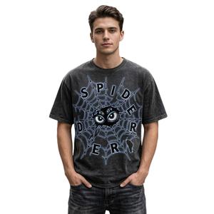 T-shirt de haute qualité en coton délavé à l'acide, prix bas, motif yeux d'araignée, streetwear Y2K, coupe ample, 100% coton. - Product Image 1