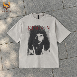 Camisetas Gráficas Vintage para Hombre con Logotipo Personalizado, Color Gris Lavado, Estampado de Banda de Rock, Hombros Caídos, Algodón, Talla Grande - Product Image 1