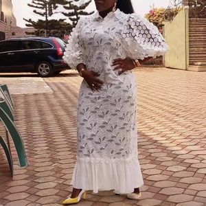 Abito lungo da donna J8262 in pizzo ricamato, elegante per il lavoro, taglie forti, con risvolto e maniche a lanterna, vestito chemisier ampio in pizzo ricamato - Product Image 1