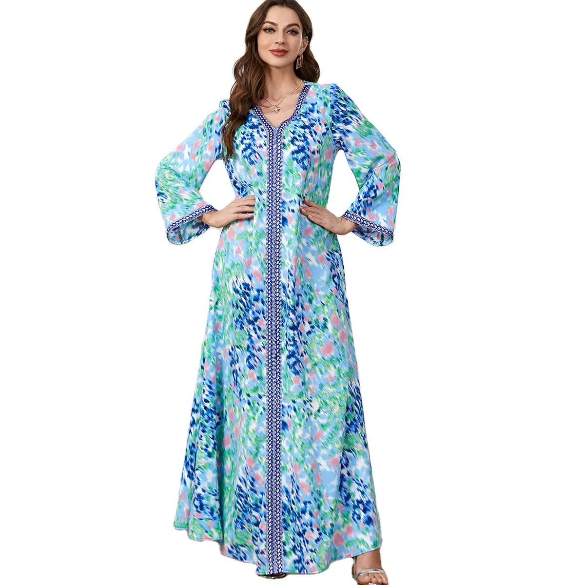 Venda quente Muçulmano Tradicional Roupas & Acessórios V pescoço Floral abaya Mulheres Muçulmanas Manga Longa Maxi Vestido