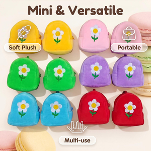 En gros, Mini sac à dos en peluche brodé de fleurs, porte-clés, jolie pochette à monnaie douce motif marguerite, petit sac de rangement pour écouteurs, cadeaux pour filles - Product Image 4
