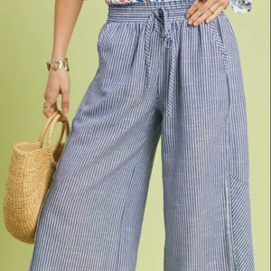 <span class=keywords><strong>Pantaloni</strong></span> Casual da Donna Personalizzati in Misto <span class=keywords><strong>Lino</strong></span> <span class=keywords><strong>a</strong></span> <span class=keywords><strong>Righe</strong></span> <span class=keywords><strong>a</strong></span> Vita Alta e Gamba Larga con Elastico e Coulisse - Produttore - Product Image 1