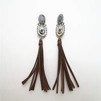 Boucles d'oreilles pendantes rustiques style western concho, tendance, turquoise, pour femme, en alliage plaqué argent antique