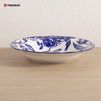 Prix de gros Tresun, fabrication sur mesure OEM, impression par tampographie, ensemble de 16 assiettes en céramique à motif floral bleu et oiseaux, vaisselle.