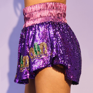 Custom High Waist Full Body Purple Sequin Crowns Mardi Gras Women's <strong>Shorts</strong> Summer Sequin Crowns Mardi Gras Women's <strong>Shorts</strong> - Product Image 2