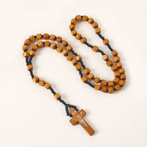 Catholic Cross Rosary Necklace 8 * 8 Square Wooden Beads Pendant Worn on the Head <b>Easter</b> Christmas <b>Ornaments</b> Wholesale - Product Image 5