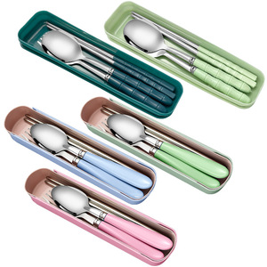 Stainless steel portable cutlery set (fork, spoon, chopsticks, three-piece set), student portable travel <b>kitchen</b> <b>storage</b> box, - Product Image 5