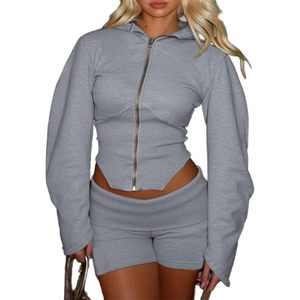 Ensemble de survêtement personnalisé 2026 pour femme : haut court zippé à manches longues et short, en maille respirante, tenue de sport décontractée pour l'entraînement - Product Image 4