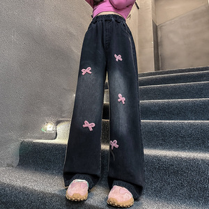<span class=keywords><strong>Pantaloni</strong></span> Casual da ragazza con fiocco ricamati in Denim nuovo Design nero a gamba larga per gli studenti delle scuole medie per la primavera autunno - Product Image 3