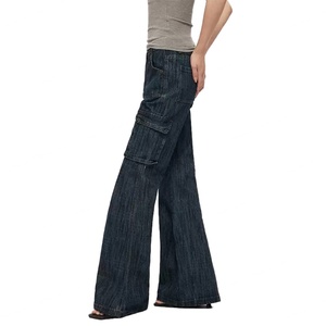 กางเกงยีนส์ทรงขาบานผ้าฝ้าย 100% ขายส่ง กางเกงทรงหลวมสำหรับผู้หญิง กางเกงคาร์โก้หลายกระเป๋า กางเกงยีนส์ผู้หญิง - Product Image 3