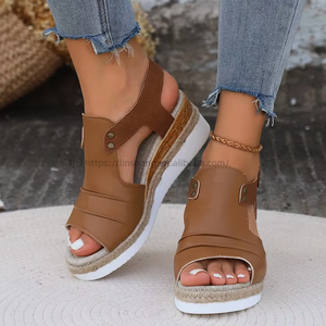 Sandales compensées rétro pour femme, à semelle épaisse, color block, en corde de chanvre, à bout ouvert, pour l'été - Product Image 2