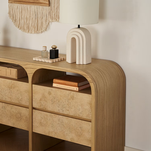 Commode à 6 tiroirs en bois naturel de style mi-siècle, commode en bois massif avec <span class=keywords><strong>patchwork</strong></span> et pieds coniques en bois pour chambre à coucher - Product Image 3