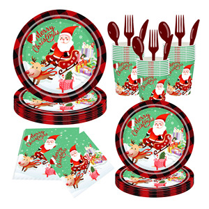 Christmas Santa Claus Sleigh Printed <b>Disposable</b> Tableware Paper <b>Plates</b> Cups Napkins Party Supplies Kit - Product Image 1