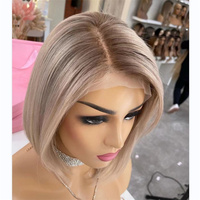 Peluca de Cabello Humano con Encaje Completo 13x4, 12 Pulgadas, Lisa, Color Rubio Ceniza Ombre, Estilo Bob, 150% de Densidad, Sin Pegamento