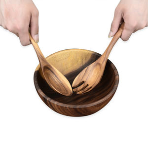 Bol en bois d'acacia massif en gros, ensemble de service pour salades avec ustensiles, <span class=keywords><strong>prix</strong></span> d'usine pour fruits, salades, décoration, bol en bois - Product Image 1