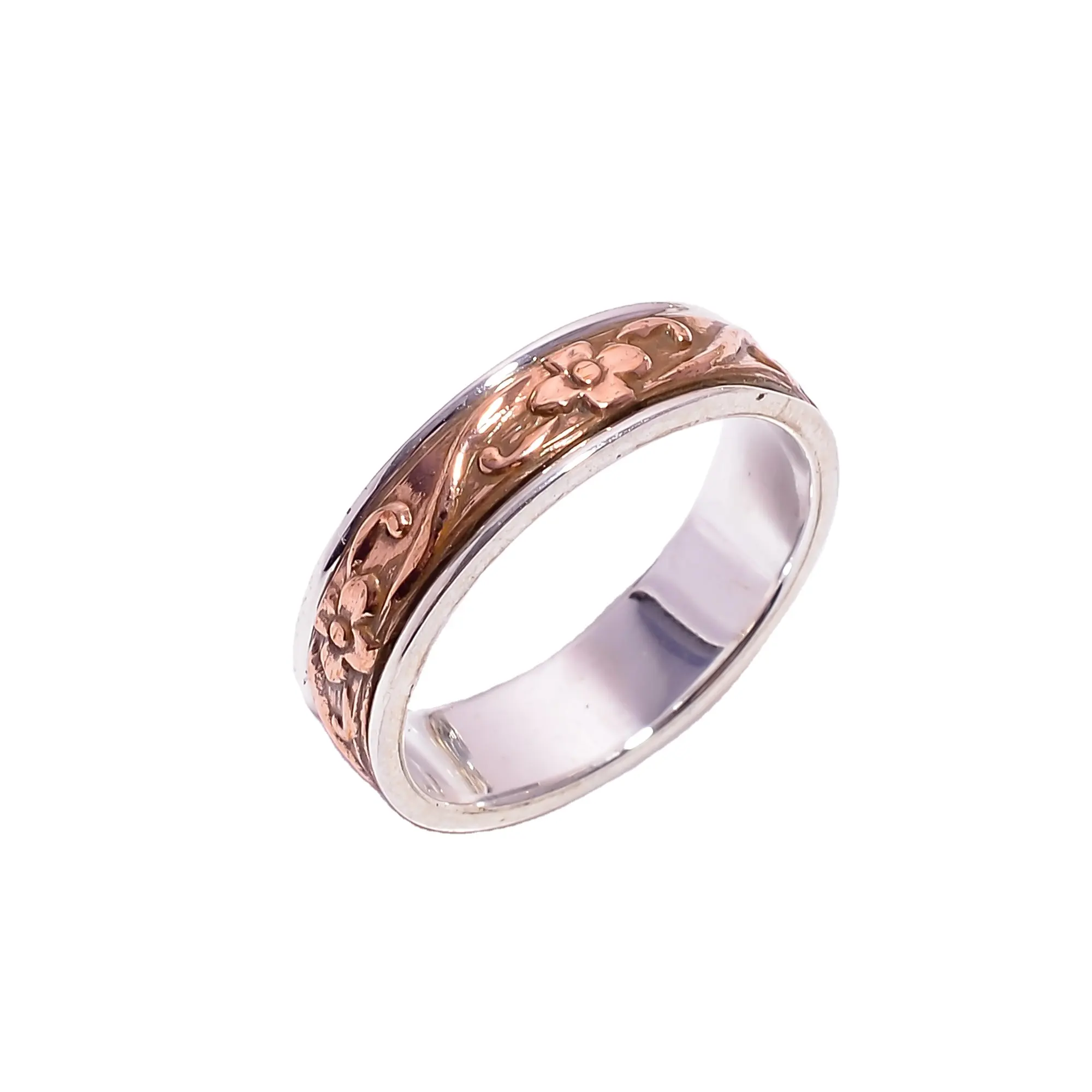 Special Festive Meditation 925 Sterling Silver and Copper Ring Wholesale Flower and Leafs Design Band for Girl