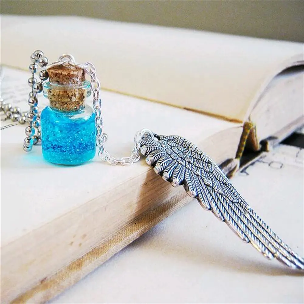 Heavenly Angel Wings Glass Bottle Necklace: Dangling Feather Cork Vial Pendant with Blue Magic Potion Embrace of Angels