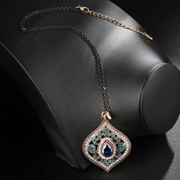 Collier pendentif goutte d'eau plaqué or antique, résine bleue turquoise, filigrane, cristal, 54 mm, bijoux vintage pour femme
