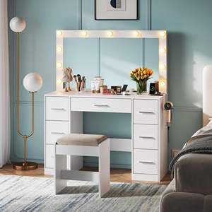 OEM bianco toletta con specchio e illuminazione 7 cassetti e prese di corrente include sedia per camerino da donna - Product Image 2