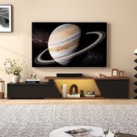 Meja TV Kayu LED Modern yang Dapat Diperpanjang, Konsol Media Hitam dengan 2 Laci untuk Ruang Tamu Kamar Tidur