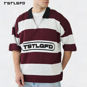 Camiseta Personalizada de Manga Corta para Hombre, Cuello en V, Hombros Caídos, Estilo Oversize, Cuello Polo, Rayas, Streetwear, OEM, ODM, Envío Rápido - Product Image 1