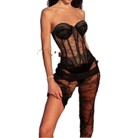 Conjunto de lencería elegante con corsé de encaje con aros y cordones, top bustier de encaje, falda larga maxi y bragas negras