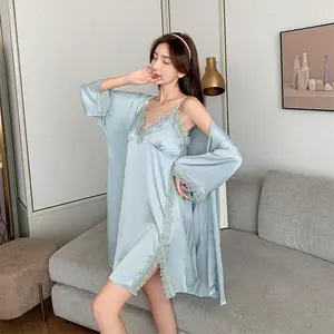 2022 ice silk Frock strap Nightdress two-piece nightgown Sexy Lady pajamas Elegant lace Solid color girl night wear