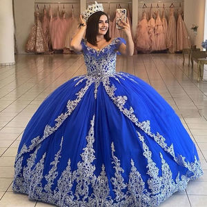 Ball Gown Vestidos De Xv Blanco Con Azul Low Price Quinceanera Dresses Blue  And White Customizable