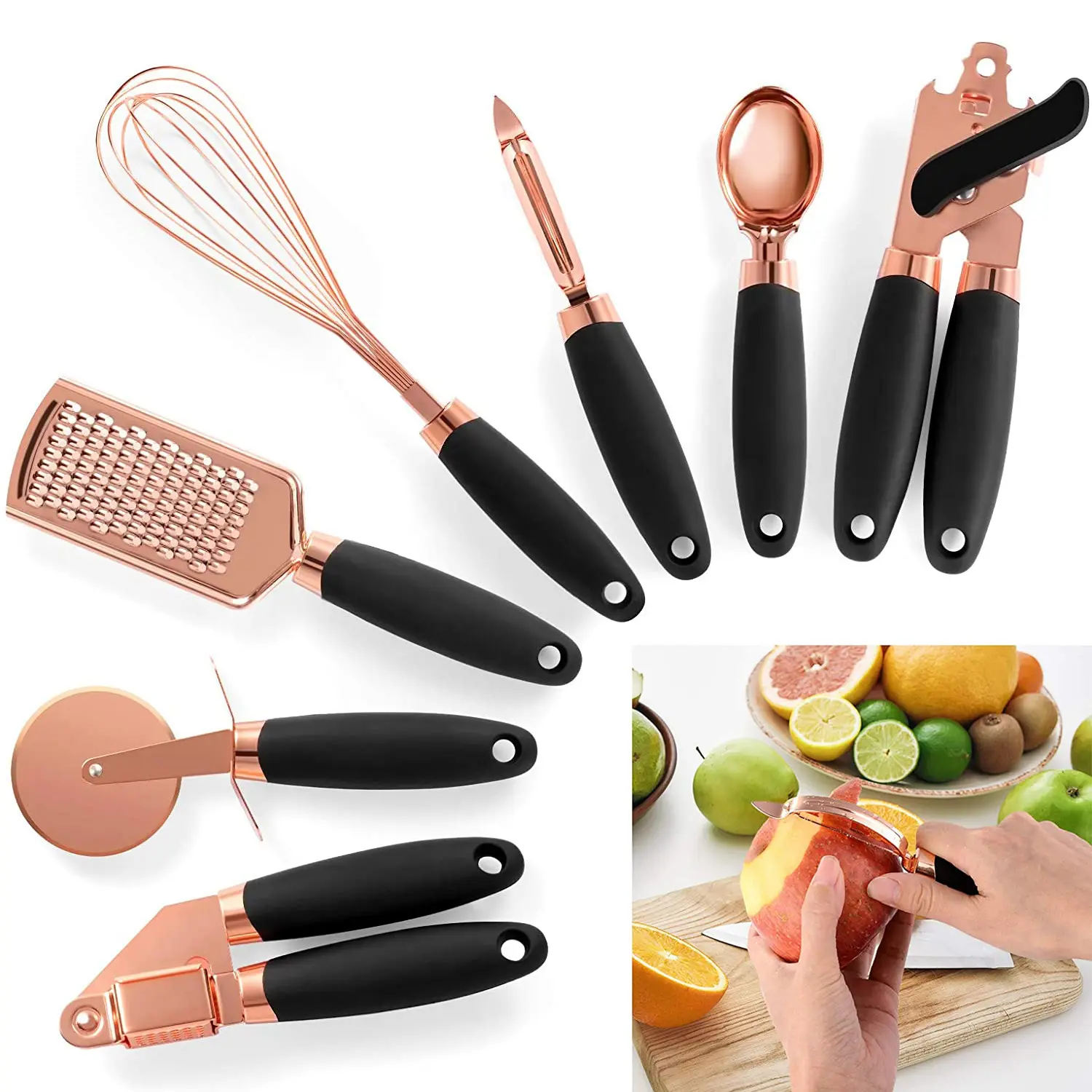 Commercio all'ingrosso della fabbrica oro rosa 7 pezzi gadget da cucina Set di utensili da cucina in acciaio inox elettrodomestico da cucina con manico in plastica