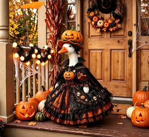Statue de canard d'hiver pour porche, déguisée en roi citrouille d'Halloween, pour jardin extérieur, décoration de fête, design terrifiant - Product Image 2
