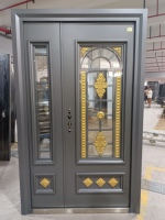 Porte d'entrée moderne en acier et bois, en fer forgé, avec vitrage, porte extérieure de sécurité, dotée d'une surface ignifugée, ouverture manuelle