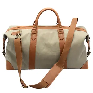 Hoge Kwaliteit Custom Classic Army Green Duurzaam Gewaxt Canvas Weekender Mannen Reizen Duffle Tassen Met Lederen Bekleding