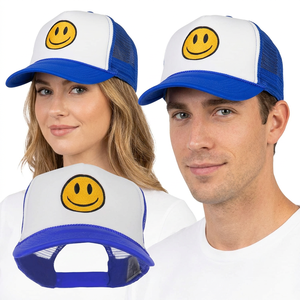 Casquette Trucker Unisexe en Maille avec Visage Souriant, Bleu et Blanc, Réglable, 6 Panneaux, Design Décontracté, Broderie Frontale - Product Image 1