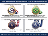Médaille de tournoi d'arts martiaux personnalisée en alliage de zinc poli, dorée, émail blanc, gravée au laser, durable, avec logo du Coq de la Fédération Française