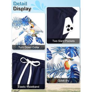 FOXA Men's Beach 2 Piece Outfit Hawaiian Print Shirt And Shorts <b>Set</b> Blue Monstera XL Breathable Polyester - Product Image 5