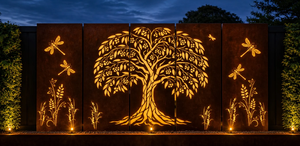 Laser Cut Steel Garden <b>Screen</b> 5 <b>Panel</b> Rustic Tree Design Decorative Fence Outdoor Art - Product Image 1