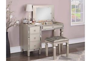 Floor Mount Pine Type MDF American Vietnam Glam Black <b>Makeup</b> Vanity <b>Set</b> with Mirrored Accents and Stool For Bedroom - Product Image 4