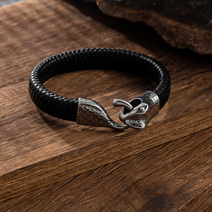 Joyería de cuero trenzado de moda, brazalete de cuero genuino de serpiente pitón de acero inoxidable plateado, pulsera de hombre - Product Image 3