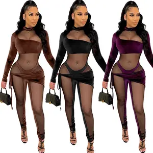 Sexy See Through Mesh Romper Woman Jumpsuits 2022 Solid Long Sleeves Velvet Bodycon One Piece Outfit women's apparel