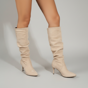 Bottes hautes en <span class=keywords><strong>daim</strong></span> à talons hauts pour femmes grandes tailles 2026, à bout pointu, style équestre tendance - Product Image 4