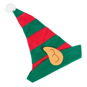Sombrero de elfo no tejido suave a rayas verdes Rojas navideñas con orejas de elfo pompón